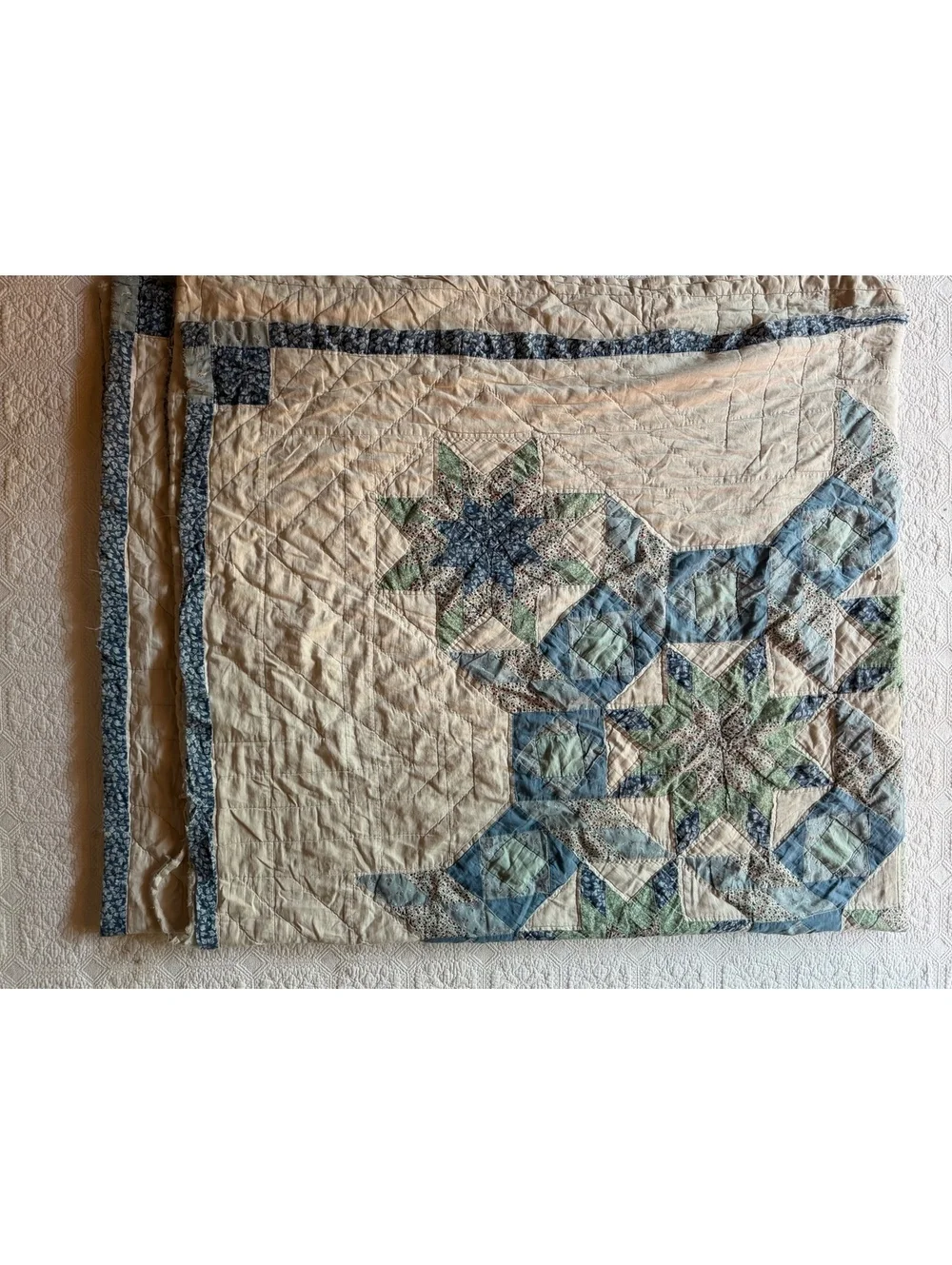Vintage Quilted Bedspread throw  blanket with Blue and Green Star Pattern